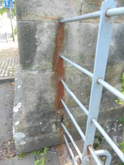 First left pillar and associated railings of Whorlton Suspension Bridge, Whorlton, Teesdale July 2016